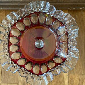 Vintage glass ruffled dish on pedestal - red, clear and gold tone